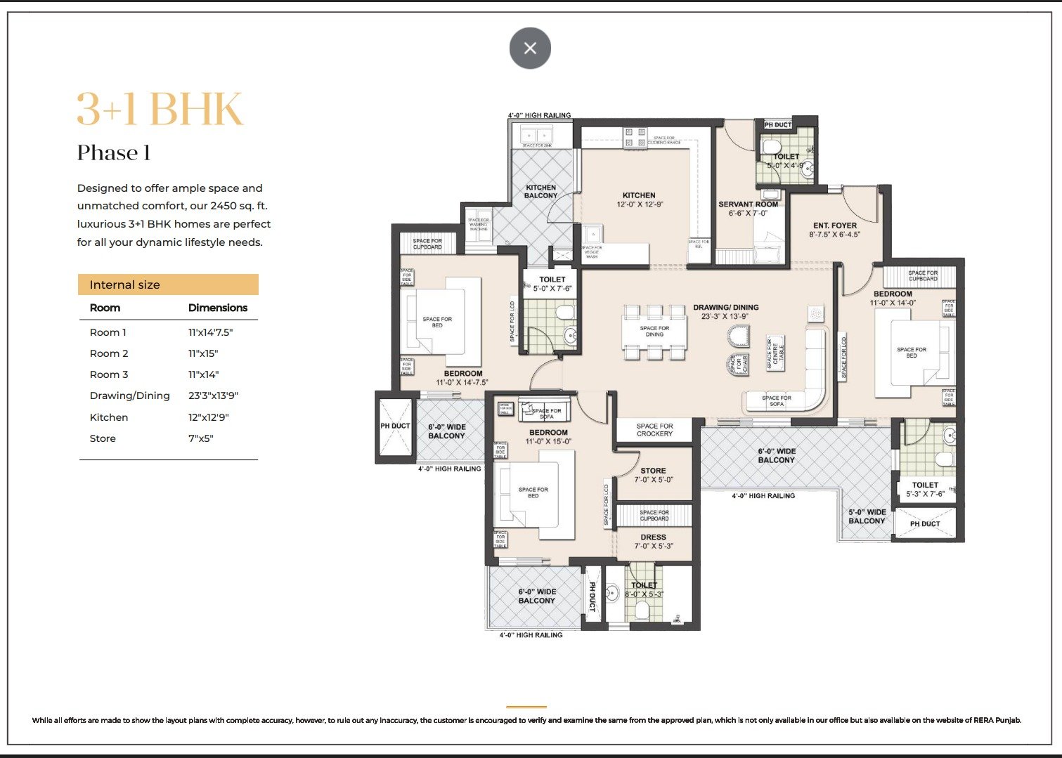 3+1 BHK Floor Plan 1